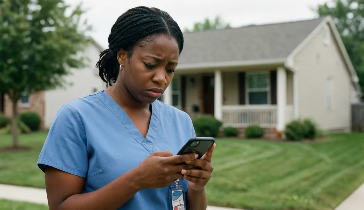 Caregiver in scrubs checking her phone outside a suburban house